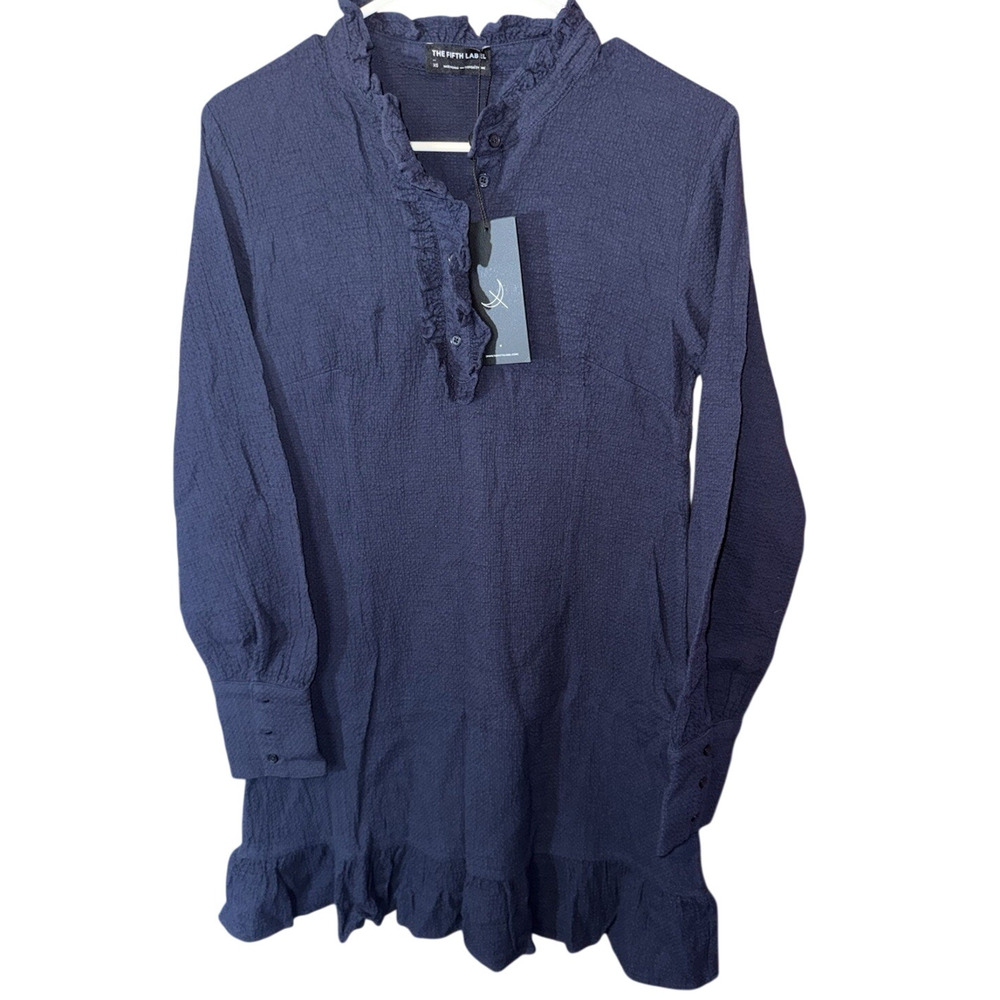 The Fifth Label Cotton Ruffle Hem Mini Shift Dress XS Navy Blue Textured